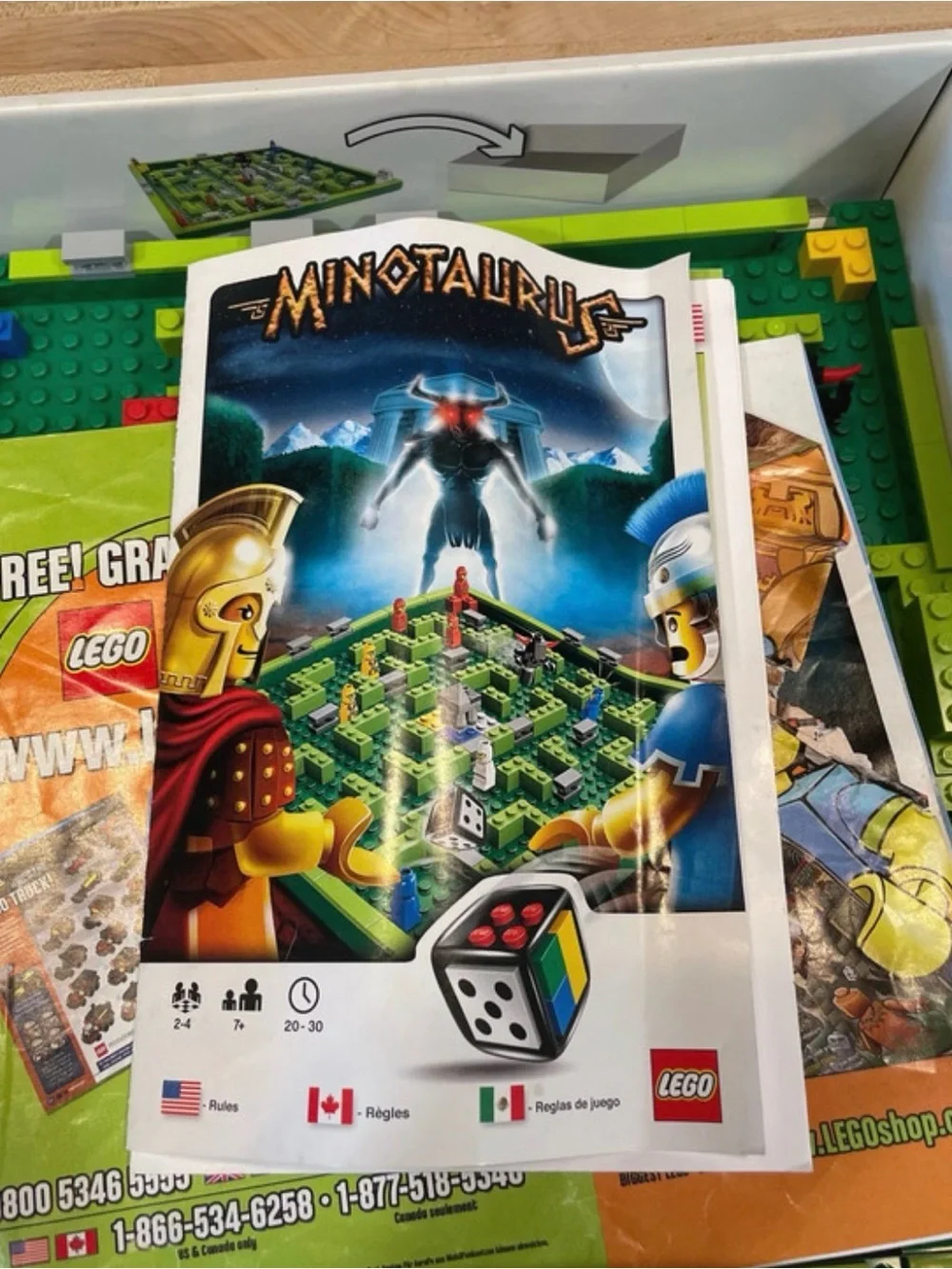 Lego Minotaurus Board Game Box with Green, Blue, Red, Yellow and Gold Artwork
